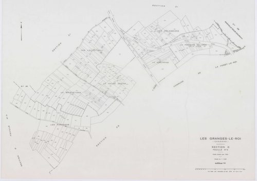 GRANGES-LE-ROI (LES), plans minutes de conservation : tableau d'assemblage, 1942, Ech. 1/10000 ; plans des sections A1, A2, A3, C1, 1942, Ech. 1/2500, sections B3, C3, D3, D4, 1942, Ech. 1/1250, sections ZB, ZE, ZG, 1959, Ech. 1/2000, sections ZH, ZI, ZK,
