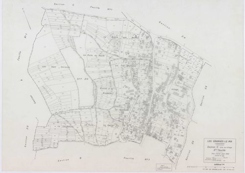 GRANGES-LE-ROI (LES), plans minutes de conservation : tableau d'assemblage, 1942, Ech. 1/10000 ; plans des sections A1, A2, A3, C1, 1942, Ech. 1/2500, sections B3, C3, D3, D4, 1942, Ech. 1/1250, sections ZB, ZE, ZG, 1959, Ech. 1/2000, sections ZH, ZI, ZK,