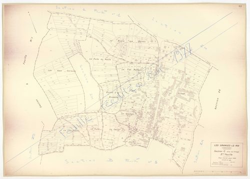Plans minutes de conservation : GRANGES-LE-ROI (LES) : tableau d'assemblage n°1, ech. 1/10000 (1942), sections A1, A2, B2, C1, ech. 1/2500, sections B1, B3, C2, C3, D1, D2, D3, D4, ech. 1/1250 (1942) ; tableau d'assemblage n°2, ech. 1/10000 (1954), sectio