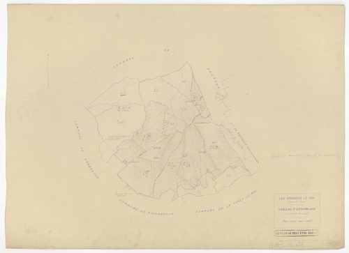 Plans minutes de conservation : GRANGES-LE-ROI (LES) : tableau d'assemblage n°1, ech. 1/10000 (1942), sections A1, A2, B2, C1, ech. 1/2500, sections B1, B3, C2, C3, D1, D2, D3, D4, ech. 1/1250 (1942) ; tableau d'assemblage n°2, ech. 1/10000 (1954), sectio