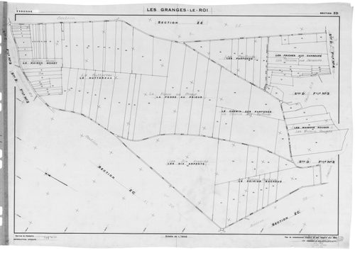 GRANGES-LE-ROI (LES) . - Cadastre révisé pour 1942 : plan du tableau d'assemblage, plans de la section A l'Ouye 3ème feuille, section B la Villeneuve 1ère feuille, idem 3ème feuille, section C le Village 3ème feuille ; cadastre renouvelé pour 1954 : plan 