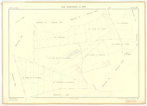 Plans minutes de conservation : GRANGES-LE-ROI (LES) : tableau d'assemblage n°1, ech. 1/10000 (1942), sections A1, A2, B2, C1, ech. 1/2500, sections B1, B3, C2, C3, D1, D2, D3, D4, ech. 1/1250 (1942) ; tableau d'assemblage n°2, ech. 1/10000 (1954), sectio