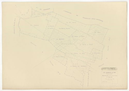 Plans minutes de conservation : GRANGES-LE-ROI (LES) : tableau d'assemblage n°1, ech. 1/10000 (1942), sections A1, A2, B2, C1, ech. 1/2500, sections B1, B3, C2, C3, D1, D2, D3, D4, ech. 1/1250 (1942) ; tableau d'assemblage n°2, ech. 1/10000 (1954), sectio
