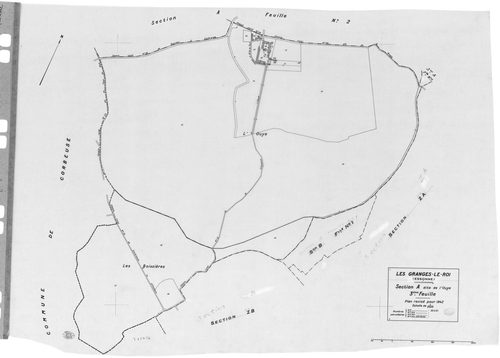 GRANGES-LE-ROI (LES) . - Cadastre révisé pour 1942 : plan du tableau d'assemblage, plans de la section A l'Ouye 3ème feuille, section B la Villeneuve 1ère feuille, idem 3ème feuille, section C le Village 3ème feuille ; cadastre renouvelé pour 1954 : plan 