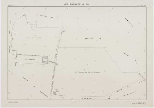 GRANGES-LE-ROI (LES), plans minutes de conservation : tableau d'assemblage, 1942, Ech. 1/10000 ; plans des sections A1, A2, A3, C1, 1942, Ech. 1/2500, sections B3, C3, D3, D4, 1942, Ech. 1/1250, sections ZB, ZE, ZG, 1959, Ech. 1/2000, sections ZH, ZI, ZK,