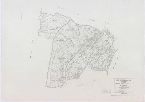 GRANGES-LE-ROI (LES), plans minutes de conservation : tableau d'assemblage, 1942, Ech. 1/10000 ; plans des sections A1, A2, A3, C1, 1942, Ech. 1/2500, sections B3, C3, D3, D4, 1942, Ech. 1/1250, sections ZB, ZE, ZG, 1959, Ech. 1/2000, sections ZH, ZI, ZK,