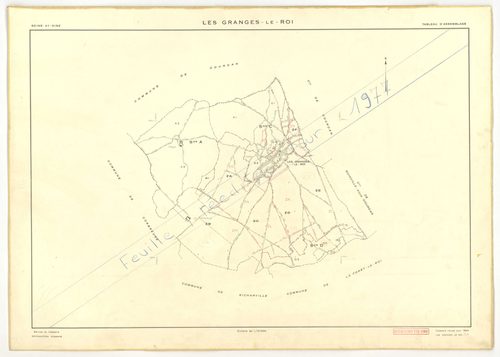 Plans minutes de conservation : GRANGES-LE-ROI (LES) : tableau d'assemblage n°1, ech. 1/10000 (1942), sections A1, A2, B2, C1, ech. 1/2500, sections B1, B3, C2, C3, D1, D2, D3, D4, ech. 1/1250 (1942) ; tableau d'assemblage n°2, ech. 1/10000 (1954), sectio