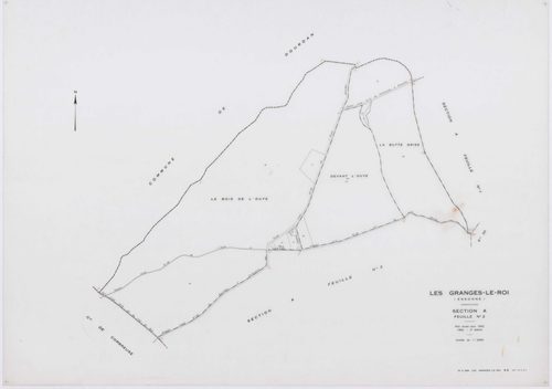 GRANGES-LE-ROI (LES), plans minutes de conservation : tableau d'assemblage, 1942, Ech. 1/10000 ; plans des sections A1, A2, A3, C1, 1942, Ech. 1/2500, sections B3, C3, D3, D4, 1942, Ech. 1/1250, sections ZB, ZE, ZG, 1959, Ech. 1/2000, sections ZH, ZI, ZK,