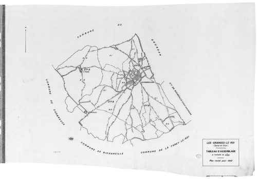 GRANGES-LE-ROI (LES) . - Cadastre révisé pour 1942 : plan du tableau d'assemblage, plans de la section A l'Ouye 3ème feuille, section B la Villeneuve 1ère feuille, idem 3ème feuille, section C le Village 3ème feuille ; cadastre renouvelé pour 1954 : plan 