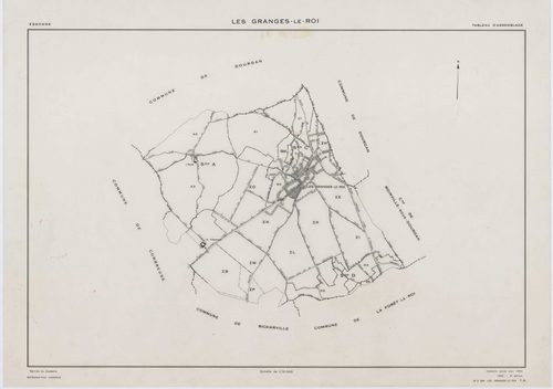 GRANGES-LE-ROI (LES), plans minutes de conservation : tableau d'assemblage, 1942, Ech. 1/10000 ; plans des sections A1, A2, A3, C1, 1942, Ech. 1/2500, sections B3, C3, D3, D4, 1942, Ech. 1/1250, sections ZB, ZE, ZG, 1959, Ech. 1/2000, sections ZH, ZI, ZK,