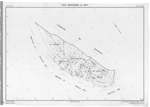 GRANGES-LE-ROI (LES) . - Cadastre révisé pour 1942 : plan du tableau d'assemblage, plans de la section A l'Ouye 3ème feuille, section B la Villeneuve 1ère feuille, idem 3ème feuille, section C le Village 3ème feuille ; cadastre renouvelé pour 1954 : plan 