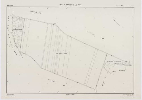 GRANGES-LE-ROI (LES), plans minutes de conservation : tableau d'assemblage, 1942, Ech. 1/10000 ; plans des sections A1, A2, A3, C1, 1942, Ech. 1/2500, sections B3, C3, D3, D4, 1942, Ech. 1/1250, sections ZB, ZE, ZG, 1959, Ech. 1/2000, sections ZH, ZI, ZK,