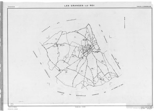 GRANGES-LE-ROI (LES) . - Cadastre révisé pour 1942 : plan du tableau d'assemblage, plans de la section A l'Ouye 3ème feuille, section B la Villeneuve 1ère feuille, idem 3ème feuille, section C le Village 3ème feuille ; cadastre renouvelé pour 1954 : plan 