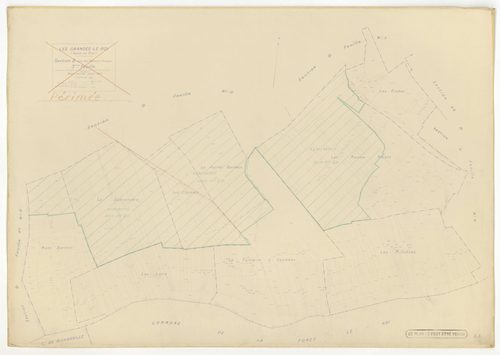 Plans minutes de conservation : GRANGES-LE-ROI (LES) : tableau d'assemblage n°1, ech. 1/10000 (1942), sections A1, A2, B2, C1, ech. 1/2500, sections B1, B3, C2, C3, D1, D2, D3, D4, ech. 1/1250 (1942) ; tableau d'assemblage n°2, ech. 1/10000 (1954), sectio