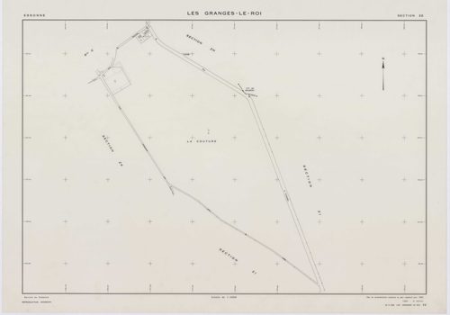 GRANGES-LE-ROI (LES), plans minutes de conservation : tableau d'assemblage, 1942, Ech. 1/10000 ; plans des sections A1, A2, A3, C1, 1942, Ech. 1/2500, sections B3, C3, D3, D4, 1942, Ech. 1/1250, sections ZB, ZE, ZG, 1959, Ech. 1/2000, sections ZH, ZI, ZK,
