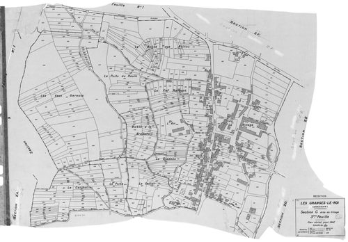 GRANGES-LE-ROI (LES) . - Cadastre révisé pour 1942 : plan du tableau d'assemblage, plans de la section A l'Ouye 3ème feuille, section B la Villeneuve 1ère feuille, idem 3ème feuille, section C le Village 3ème feuille ; cadastre renouvelé pour 1954 : plan 