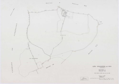 GRANGES-LE-ROI (LES), plans minutes de conservation : tableau d'assemblage, 1942, Ech. 1/10000 ; plans des sections A1, A2, A3, C1, 1942, Ech. 1/2500, sections B3, C3, D3, D4, 1942, Ech. 1/1250, sections ZB, ZE, ZG, 1959, Ech. 1/2000, sections ZH, ZI, ZK,