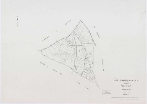 GRANGES-LE-ROI (LES), plans minutes de conservation : tableau d'assemblage, 1942, Ech. 1/10000 ; plans des sections A1, A2, A3, C1, 1942, Ech. 1/2500, sections B3, C3, D3, D4, 1942, Ech. 1/1250, sections ZB, ZE, ZG, 1959, Ech. 1/2000, sections ZH, ZI, ZK,