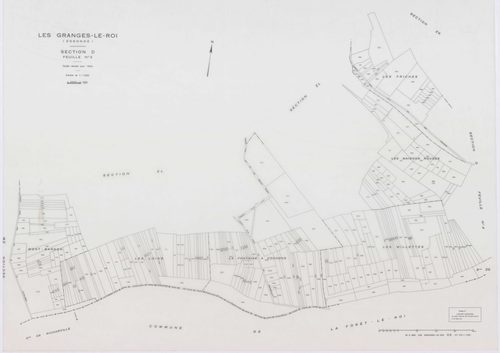 GRANGES-LE-ROI (LES), plans minutes de conservation : tableau d'assemblage, 1942, Ech. 1/10000 ; plans des sections A1, A2, A3, C1, 1942, Ech. 1/2500, sections B3, C3, D3, D4, 1942, Ech. 1/1250, sections ZB, ZE, ZG, 1959, Ech. 1/2000, sections ZH, ZI, ZK,