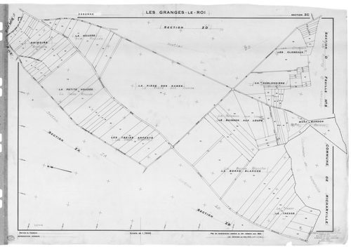 GRANGES-LE-ROI (LES) . - Cadastre révisé pour 1942 : plan du tableau d'assemblage, plans de la section A l'Ouye 3ème feuille, section B la Villeneuve 1ère feuille, idem 3ème feuille, section C le Village 3ème feuille ; cadastre renouvelé pour 1954 : plan 