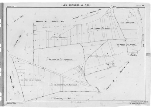 GRANGES-LE-ROI (LES) . - Cadastre révisé pour 1942 : plan du tableau d'assemblage, plans de la section A l'Ouye 3ème feuille, section B la Villeneuve 1ère feuille, idem 3ème feuille, section C le Village 3ème feuille ; cadastre renouvelé pour 1954 : plan 