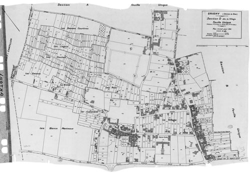 GRIGNY.- Cadastre révisé pour 1941 : plan du tableau d'assemblage, plans de la section A la Plaine Basse, section C l'Orme Pomponne, section D le Village ; cadastre révisé pour 1941 mis à jour pour 1968 : plan du tableau d'assemblage ; cadastre révisé pou