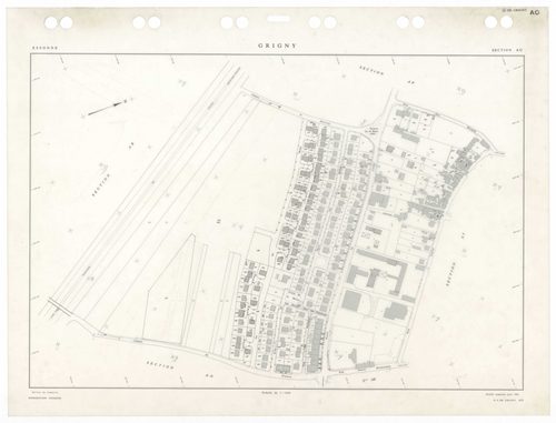 GRIGNY, plans minutes de conservation : tableau d'assemblage,1991, Ech. 1/5000 ; plans des sections AA, AB, AC, AD, AE, AH, AI, AN, AO, AP, AS, AT, 1991, Ech. 1/1000, sections AR, AV, 1991, Ech. 1/2000, sections AK, AL, AM, 1998, Ech. 1/1000. Polyester. N