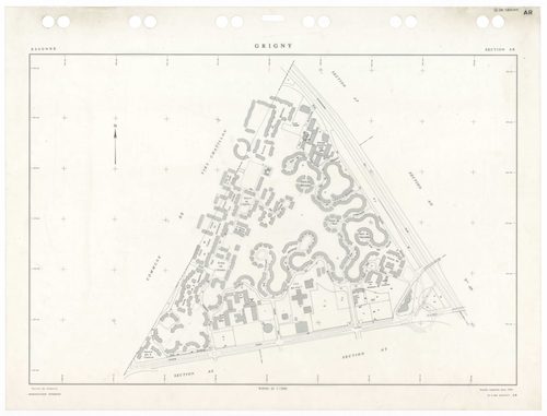 GRIGNY, plans minutes de conservation : tableau d'assemblage,1991, Ech. 1/5000 ; plans des sections AA, AB, AC, AD, AE, AH, AI, AN, AO, AP, AS, AT, 1991, Ech. 1/1000, sections AR, AV, 1991, Ech. 1/2000, sections AK, AL, AM, 1998, Ech. 1/1000. Polyester. N