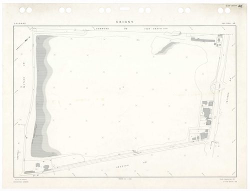 GRIGNY, plans minutes de conservation : tableau d'assemblage,1991, Ech. 1/5000 ; plans des sections AA, AB, AC, AD, AE, AH, AI, AN, AO, AP, AS, AT, 1991, Ech. 1/1000, sections AR, AV, 1991, Ech. 1/2000, sections AK, AL, AM, 1998, Ech. 1/1000. Polyester. N