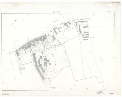 GRIGNY, plans minutes de conservation : tableau d'assemblage,1991, Ech. 1/5000 ; plans des sections AA, AB, AC, AD, AE, AH, AI, AN, AO, AP, AS, AT, 1991, Ech. 1/1000, sections AR, AV, 1991, Ech. 1/2000, sections AK, AL, AM, 1998, Ech. 1/1000. Polyester. N