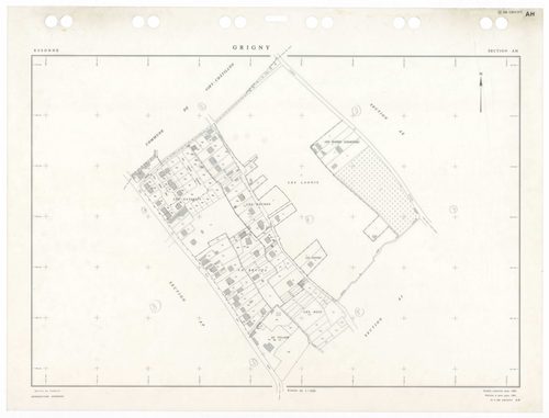 GRIGNY, plans minutes de conservation : tableau d'assemblage,1991, Ech. 1/5000 ; plans des sections AA, AB, AC, AD, AE, AH, AI, AN, AO, AP, AS, AT, 1991, Ech. 1/1000, sections AR, AV, 1991, Ech. 1/2000, sections AK, AL, AM, 1998, Ech. 1/1000. Polyester. N