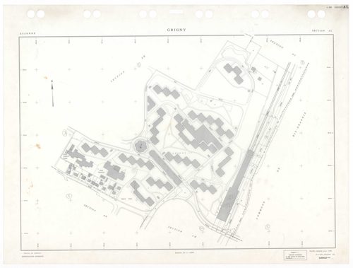 GRIGNY, plans minutes de conservation : tableau d'assemblage,1991, Ech. 1/5000 ; plans des sections AA, AB, AC, AD, AE, AH, AI, AN, AO, AP, AS, AT, 1991, Ech. 1/1000, sections AR, AV, 1991, Ech. 1/2000, sections AK, AL, AM, 1998, Ech. 1/1000. Polyester. N