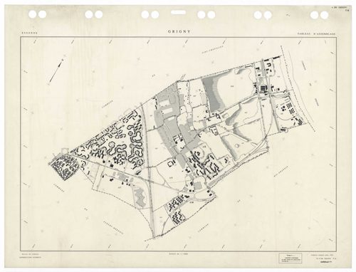 GRIGNY, plans minutes de conservation : tableau d'assemblage,1991, Ech. 1/5000 ; plans des sections AA, AB, AC, AD, AE, AH, AI, AN, AO, AP, AS, AT, 1991, Ech. 1/1000, sections AR, AV, 1991, Ech. 1/2000, sections AK, AL, AM, 1998, Ech. 1/1000. Polyester. N