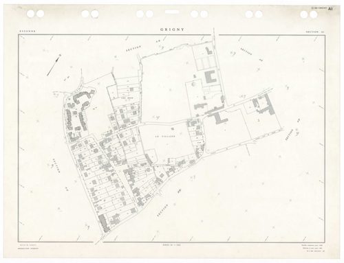 GRIGNY, plans minutes de conservation : tableau d'assemblage,1991, Ech. 1/5000 ; plans des sections AA, AB, AC, AD, AE, AH, AI, AN, AO, AP, AS, AT, 1991, Ech. 1/1000, sections AR, AV, 1991, Ech. 1/2000, sections AK, AL, AM, 1998, Ech. 1/1000. Polyester. N