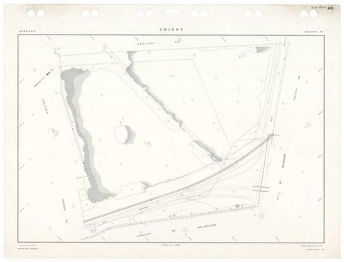 GRIGNY, plans minutes de conservation : tableau d'assemblage,1991, Ech. 1/5000 ; plans des sections AA, AB, AC, AD, AE, AH, AI, AN, AO, AP, AS, AT, 1991, Ech. 1/1000, sections AR, AV, 1991, Ech. 1/2000, sections AK, AL, AM, 1998, Ech. 1/1000. Polyester. N