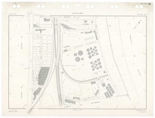 GRIGNY, plans minutes de conservation : tableau d'assemblage,1991, Ech. 1/5000 ; plans des sections AA, AB, AC, AD, AE, AH, AI, AN, AO, AP, AS, AT, 1991, Ech. 1/1000, sections AR, AV, 1991, Ech. 1/2000, sections AK, AL, AM, 1998, Ech. 1/1000. Polyester. N