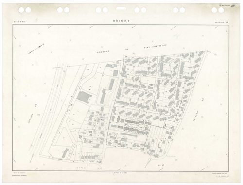 GRIGNY, plans minutes de conservation : tableau d'assemblage,1991, Ech. 1/5000 ; plans des sections AA, AB, AC, AD, AE, AH, AI, AN, AO, AP, AS, AT, 1991, Ech. 1/1000, sections AR, AV, 1991, Ech. 1/2000, sections AK, AL, AM, 1998, Ech. 1/1000. Polyester. N