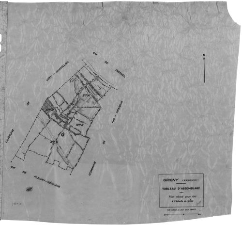 GRIGNY.- Cadastre révisé pour 1941 : plan du tableau d'assemblage, plans de la section A la Plaine Basse, section C l'Orme Pomponne, section D le Village ; cadastre révisé pour 1941 mis à jour pour 1968 : plan du tableau d'assemblage ; cadastre révisé pou