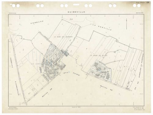 GUIBEVILLE, plans minutes de conservation : tableau d'assemblage,1934, Ech. 1/5000 ; plans des sections ZA, ZB, 1955, Ech. 1/2000, sections AA, AB, 2002, Ech. 1/1000. Polyester. N et B. Dim. 105 x 80 cm [5 plans]. 