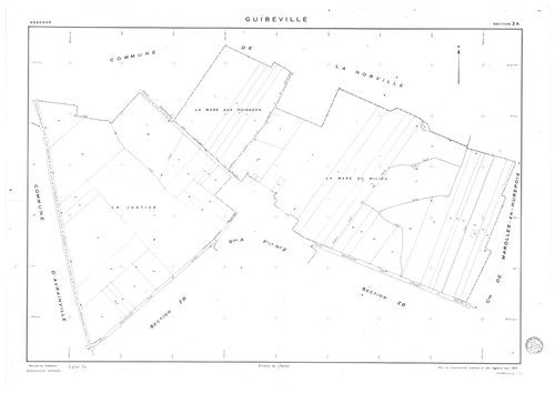 GUIBEVILLE. - Cadastre révisé pour 1934 mis à jour pour 1955 : plan du tableau d'assemblage, plan de la section A le Village 2ème feuille ; cadastre rnouvelé pour 1955 : plans de la section ZA, section ZB, [4 plans]. 