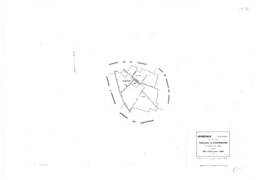 GUIBEVILLE. - Cadastre révisé pour 1934 mis à jour pour 1955 : plan du tableau d'assemblage, plan de la section A le Village 2ème feuille ; cadastre rnouvelé pour 1955 : plans de la section ZA, section ZB, [4 plans]. 