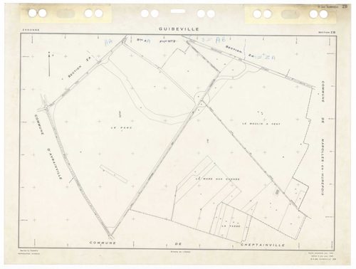 GUIBEVILLE, plans minutes de conservation : tableau d'assemblage,1934, Ech. 1/5000 ; plans des sections ZA, ZB, 1955, Ech. 1/2000, sections AA, AB, 2002, Ech. 1/1000. Polyester. N et B. Dim. 105 x 80 cm [5 plans]. 