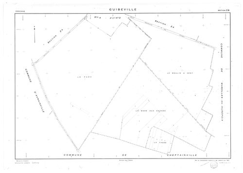 GUIBEVILLE. - Cadastre révisé pour 1934 mis à jour pour 1955 : plan du tableau d'assemblage, plan de la section A le Village 2ème feuille ; cadastre rnouvelé pour 1955 : plans de la section ZA, section ZB, [4 plans]. 
