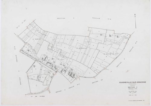 GUIGNEVILLE-SUR-ESSONNE, plans minutes de conservation : tableau d'assemblage, 1934, Ech. 1/10000 ; plans des sections A, B3, 1934, Ech. 1/2500, sections C1, C2, C3, C4, C5, C6, 1934, Ech. 1/1250, section ZA, 1956, Ech. 1/2000, sections ZB, ZC, 1974, Ech.