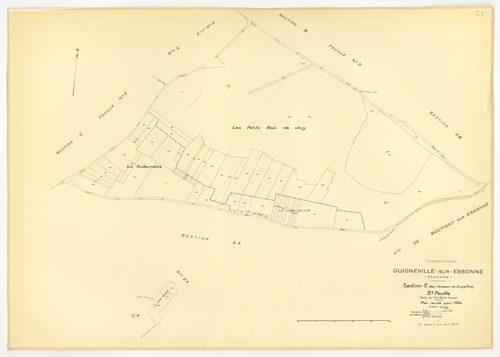 Plans minutes de conservation : GUIGNEVILLE-SUR-ESSONNE : tableau d'assemblage, ech. 1/10000 (1934-1974), sections C1, C2, C4, C5, C6, ech. 1/1250 (1934) ; section A, ech. 1/2500 (1934-1973) ; sections B3, ech. 1/2500, C3, ech. 1/1250 (1934-1974) ; sectio