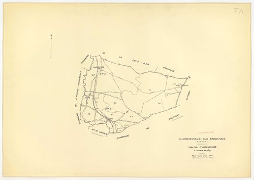 Plans minutes de conservation : GUIGNEVILLE-SUR-ESSONNE : tableau d'assemblage, ech. 1/10000 (1934-1974), sections C1, C2, C4, C5, C6, ech. 1/1250 (1934) ; section A, ech. 1/2500 (1934-1973) ; sections B3, ech. 1/2500, C3, ech. 1/1250 (1934-1974) ; sectio