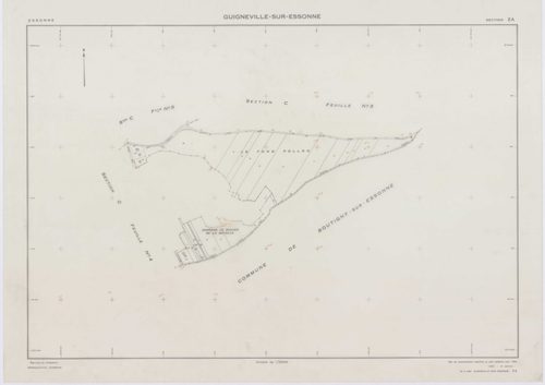 GUIGNEVILLE-SUR-ESSONNE, plans minutes de conservation : tableau d'assemblage, 1934, Ech. 1/10000 ; plans des sections A, B3, 1934, Ech. 1/2500, sections C1, C2, C3, C4, C5, C6, 1934, Ech. 1/1250, section ZA, 1956, Ech. 1/2000, sections ZB, ZC, 1974, Ech.