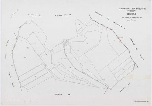 GUIGNEVILLE-SUR-ESSONNE, plans minutes de conservation : tableau d'assemblage, 1934, Ech. 1/10000 ; plans des sections A, B3, 1934, Ech. 1/2500, sections C1, C2, C3, C4, C5, C6, 1934, Ech. 1/1250, section ZA, 1956, Ech. 1/2000, sections ZB, ZC, 1974, Ech.