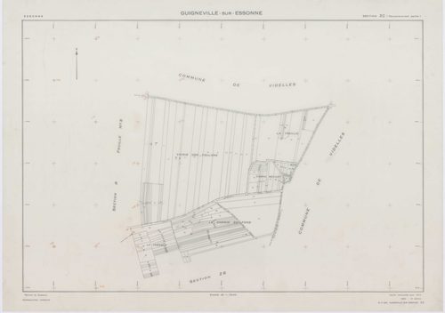 GUIGNEVILLE-SUR-ESSONNE, plans minutes de conservation : tableau d'assemblage, 1934, Ech. 1/10000 ; plans des sections A, B3, 1934, Ech. 1/2500, sections C1, C2, C3, C4, C5, C6, 1934, Ech. 1/1250, section ZA, 1956, Ech. 1/2000, sections ZB, ZC, 1974, Ech.