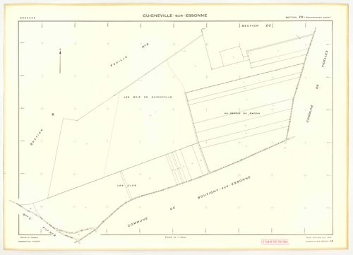 Plans minutes de conservation : GUIGNEVILLE-SUR-ESSONNE : tableau d'assemblage, ech. 1/10000 (1934-1974), sections C1, C2, C4, C5, C6, ech. 1/1250 (1934) ; section A, ech. 1/2500 (1934-1973) ; sections B3, ech. 1/2500, C3, ech. 1/1250 (1934-1974) ; sectio